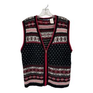 Vintage 80s Erika Classics Knit Sweater Vest Sleeveless Multi Pattern Red Black